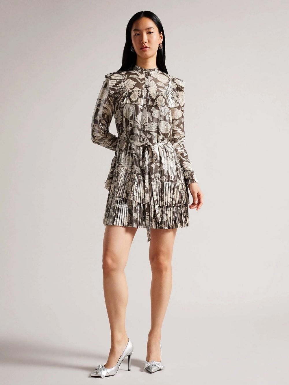 Ted Baker London Alyvia Ruffle Shirt Dress  Long Sleeve Tiered Metallic Pleated